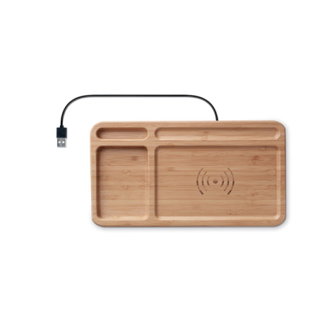 Organiseur de bureau personnalisé avec chargeur sans fil en bambou