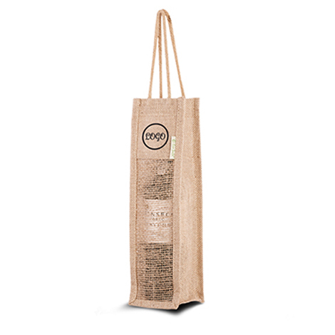 Sac bouteille publicitaire en jute avec des cordes en coton