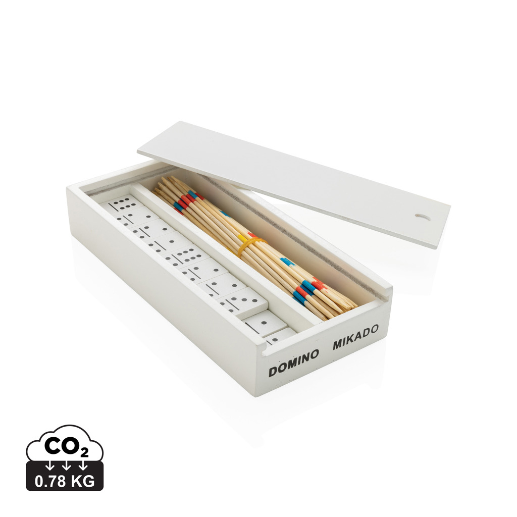 Jeu de mikado et domino publicitaire boîte en bois Blanc