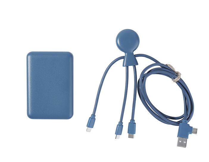Pack powerbank 5000 mAh et câble publicitaire Xoopar® Mr Bio Long Bleu