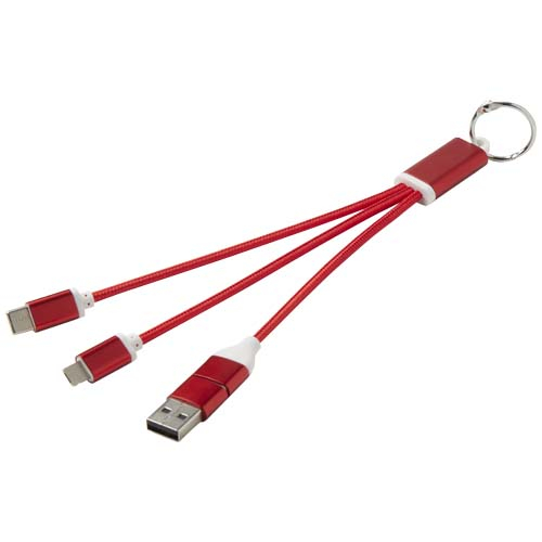 Câble de charge publicitaire 4-en-1 alu recyclé porte-clés Metal Rouge