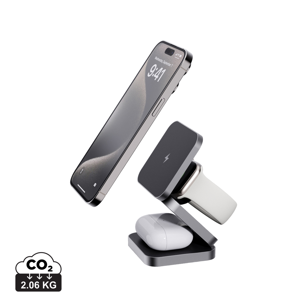 Chargeur publicitaire 15W pliable 3en1 recyclé Terra Gris