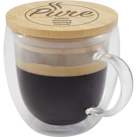Tasse isotherme personnalisée verre avec couvercle bambou 250ml Lenora