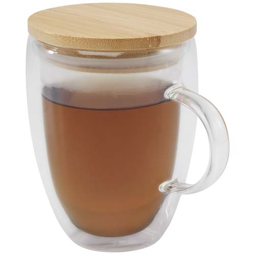 Tasse isotherme promotionnelle en verre et bambou 350ml Leona Translucide