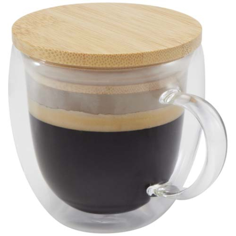 Tasse isotherme personnalisée verre avec couvercle bambou 250ml Lenora