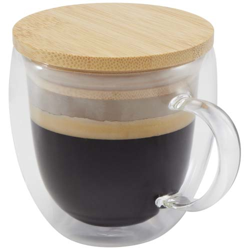 Tasse isotherme personnalisée verre avec couvercle bambou 250ml Lenora Translucide