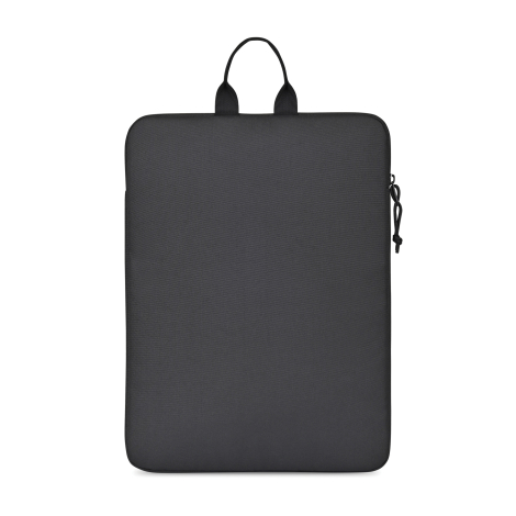 Housse noire pour ordinateur portable, présentée de dos avec poignée textile