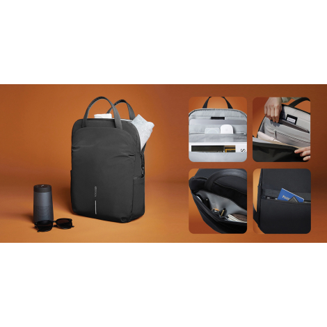 Sac transformable porté en tote avec poche frontale marquée