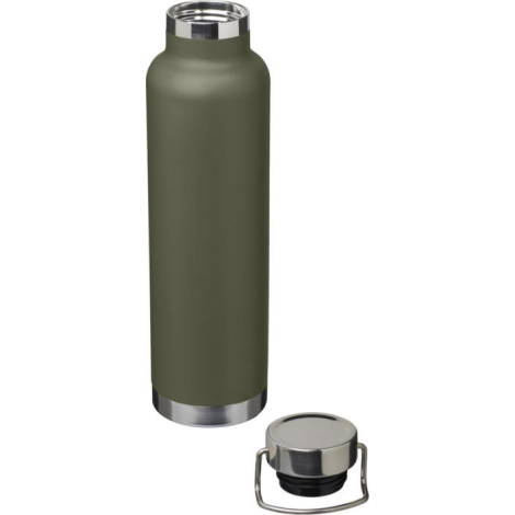 Bouteille publicitaire kaki Astra avec bouchon inox séparé, vue de profil