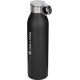 Bouteille promotionnelle noire Grom avec logo vertical et bouchon transparent à boucle
