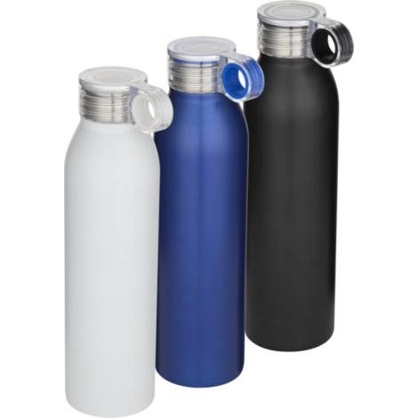 Bouteilles promotionnelles Grom blanche, bleue et noire alignées, vues de face