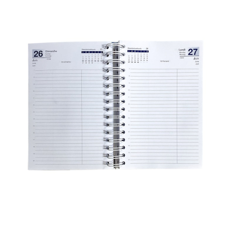Double page intérieure de l’agenda 2026 avec une journée par page et calendrier en haut de page.