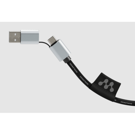 Détail des connecteurs USB-A et USB-C, tressage noir visible