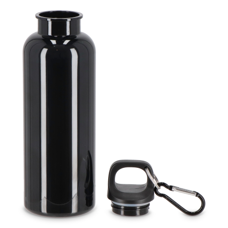 Bouteille noire ouverte avec bouchon et mousqueton posés à côté, sur fond blanc