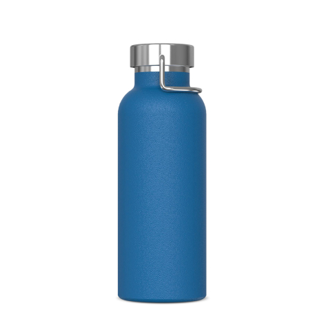 Bouteille promotionnelle bleue mate 500 ml avec finition peau de pêche et bouchon acier