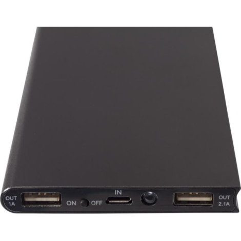 Zoom sur les ports USB, bouton ON/OFF et entrée de charge de la batterie