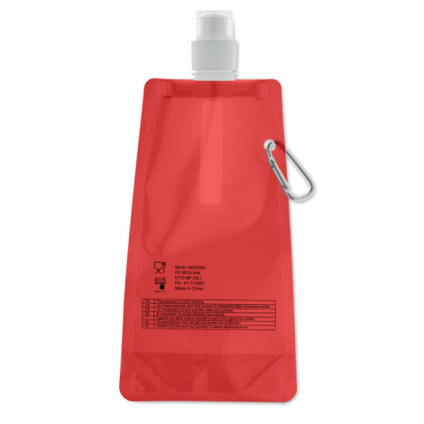 Vue arrière d’une gourde rouge personnalisable avec détails techniques imprimés