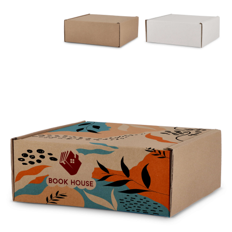 Boîte carton promotionnelle personnalisée, posée debout en vue de face Boîte carton promotionnelle personnalisée, posée debout en vue de face