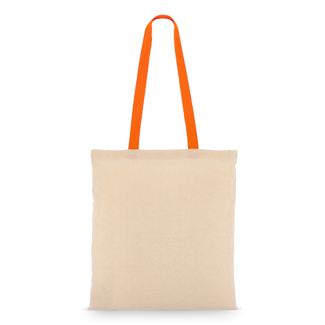 Sac publicitaire avec anses orange présenté de face, sans contenu