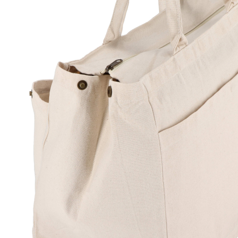 Détail du haut du sac avec fermeture éclair et œillets métalliques, sans marquage visible