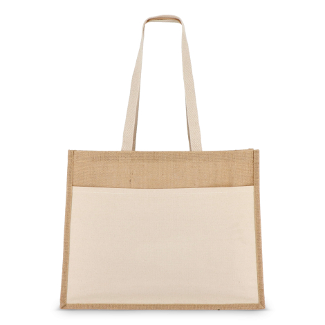 Sac jute et coton posé à plat, poche avant visible sans marquage