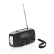 Radio noire vue en trois-quarts face avec antenne déployée, poignée latérale et lampe intégrée, sans personnalisation visible