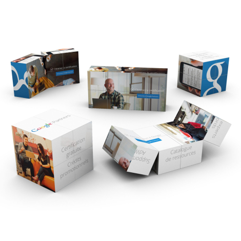 Cube promotionnel Google Partners, ouvert ou fermé, avec visuels et marquages visibles