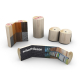 Support cylindrique effet bois avec textures, installations et textes, ouvert en plusieurs vues