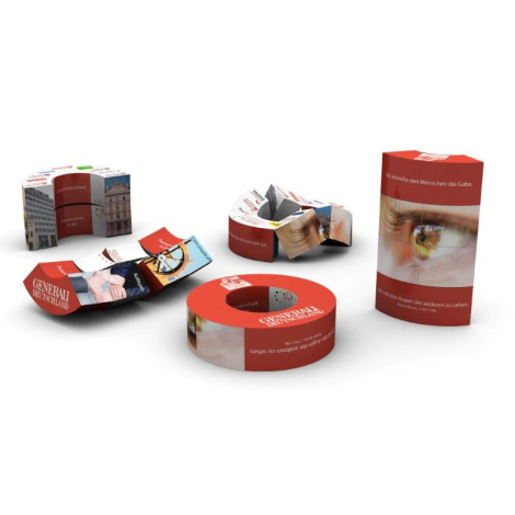 Support circulaire fond rouge avec bâtiments, scènes professionnelles et illustrations humaines