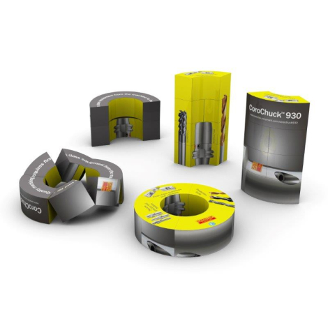 Support annulaire jaune et gris avec visuels techniques d’outils industriels, ouvertures multiples