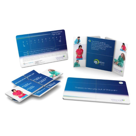 Carte rectangulaire bleu dégradé avec photos médicales et échelles imprimées