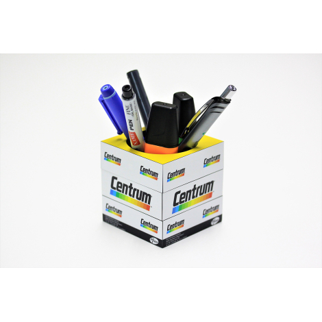 Pot à crayons cubique blanc à trois niveaux avec intérieur jaune et marquage Centrum