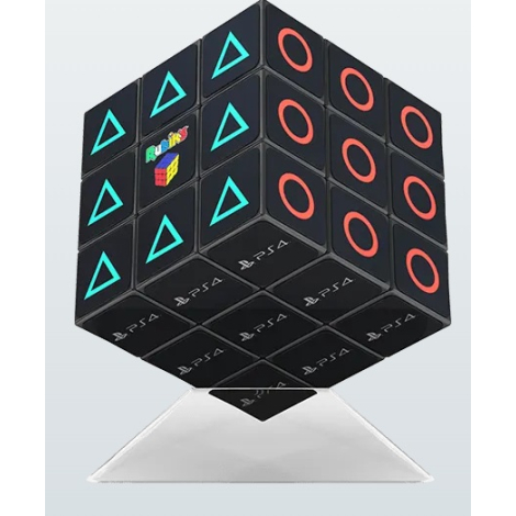 Rubik’s Cube 3x3 sur support transparent, faces avec symboles et logo central