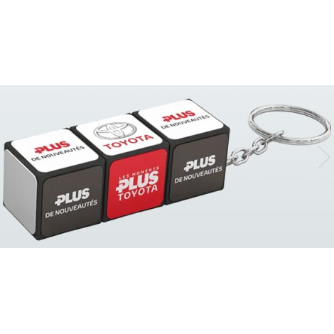 Porte-clés Rubik’s horizontal 1x3 avec textes promotionnels et logos visibles