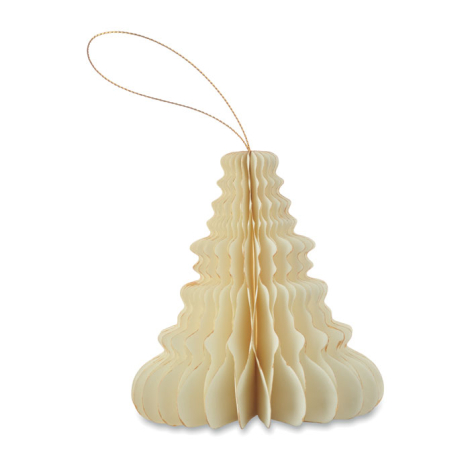 Suspension sapin beige en papier alvéolé avec ficelle dorée, vue de face