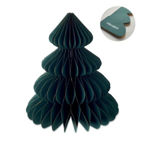 Sapin en papier alvéolé vert foncé avec effet de volume, marquage visible sur le support cartonné à la base Sapin en papier alvéolé vert foncé avec effet de volume, marquage visible sur le support cartonné à la base
