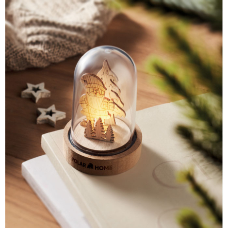 Décoration LED de Noël rétroéclairée sous cloche en verre avec marquage sur le socle.