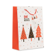 Sac cadeau grand format à motifs sapins, vue de trois quarts avec marquage