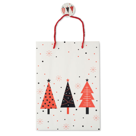 Sac cadeau grand format de face, décor sapins rouges et noirs, sans marquage