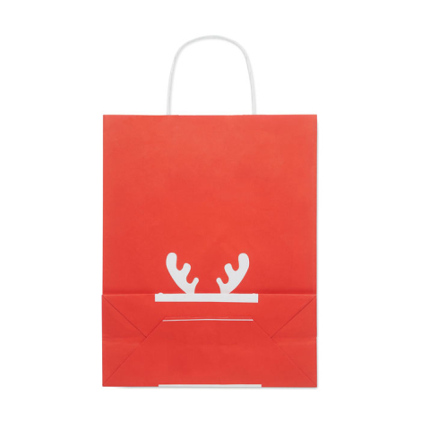 Vue arrière d’un sac cabas rouge à plat, motif bois de renne blanc