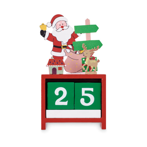 Calendrier en bois rouge, cubes verts affichant "25", décorations festives sur le dessus