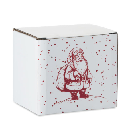 Boîte cadeau blanche imprimée de motifs rouges, vue de face