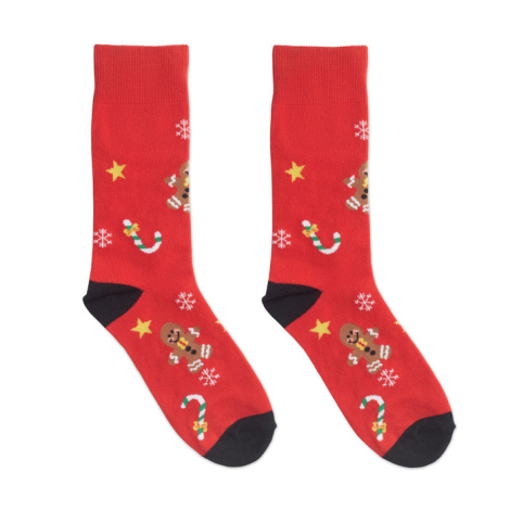 Paire de chaussettes rouges à plat, motifs pain d’épice et flocons