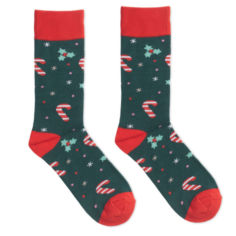 Paire de chaussettes vertes à plat, motifs festifs, sans personnalisation visible