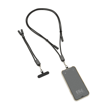 Bracelet téléphone noir avec câble intégré, présenté à plat avec smartphone fixé.