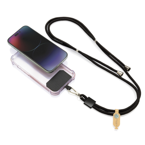 Tour de cou téléphone en rPET à plat avec coque transparente et pastille fixée.
