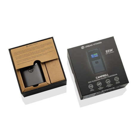 Powerbank noire présentée dans coffret cartonné avec calage en carton recyclé