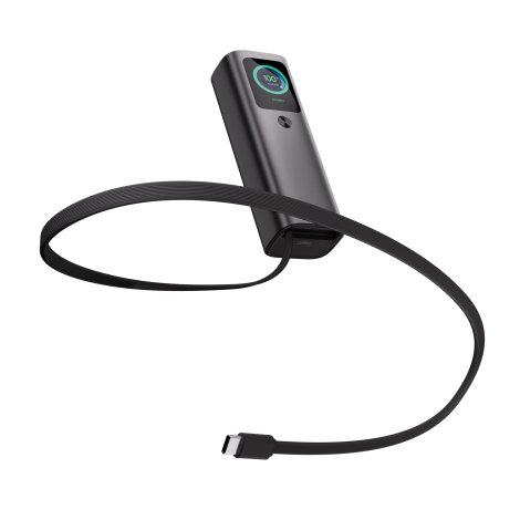 Powerbank noire avec câble USB-C rétractable intégré à la base