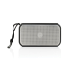 Enceinte rectangulaire noire avec façade grise perforée, vue de face