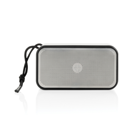 Enceinte rectangulaire noire avec façade grise perforée, vue de face